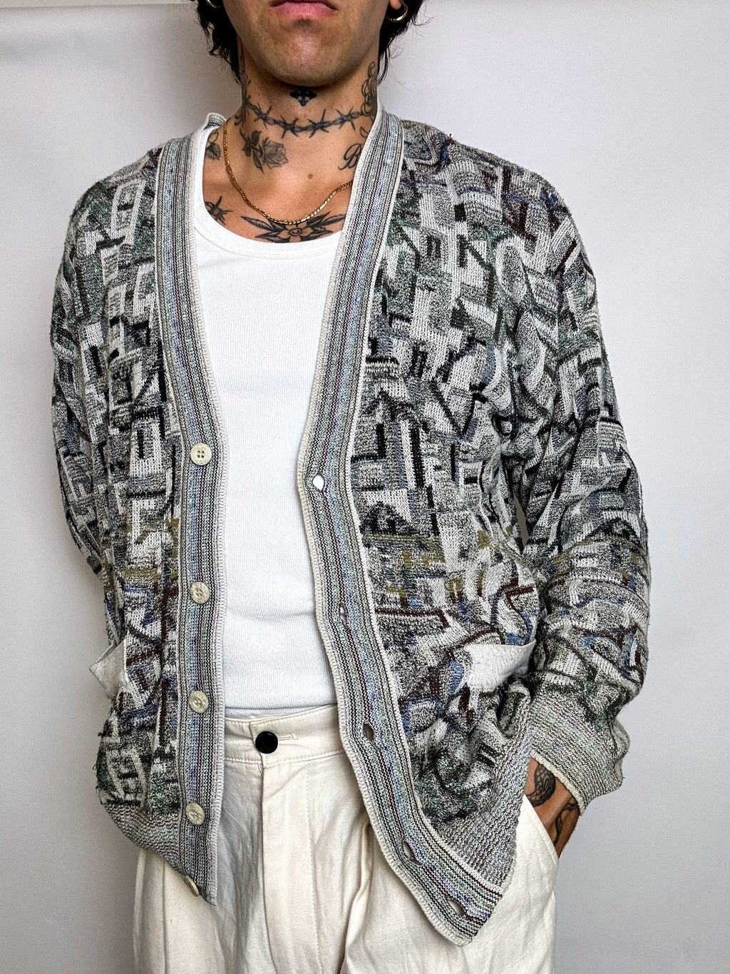 Vintage-Strickjacke mit Grafikmuster, Größe L/XL