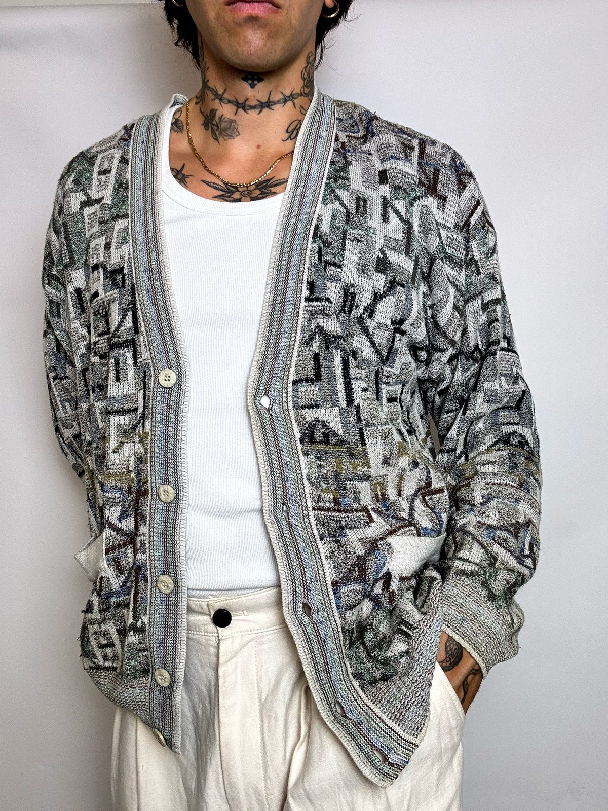 Vintage-Strickjacke mit Grafikmuster, Größe L/XL