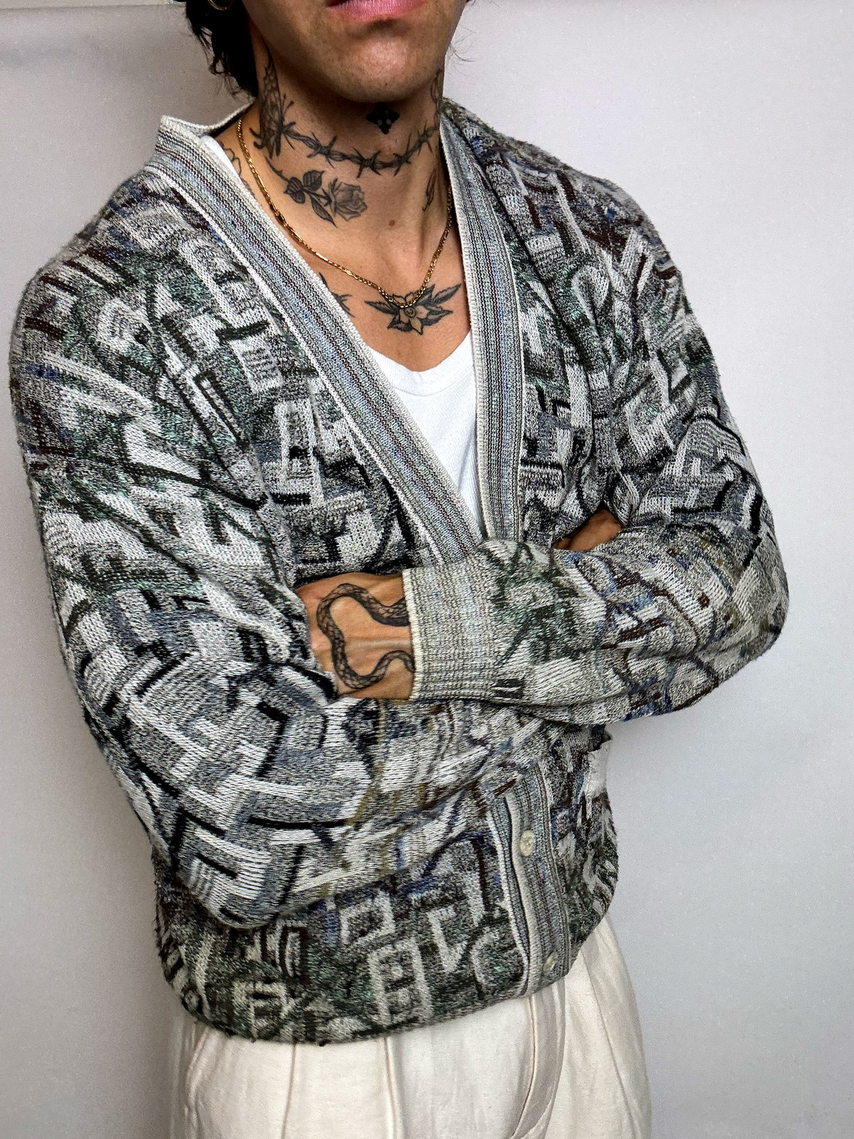 Vintage-Strickjacke mit Grafikmuster, Größe L/XL