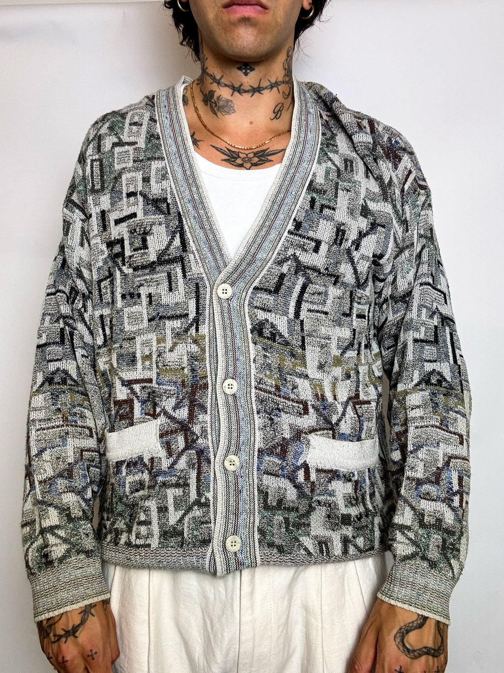 Vintage-Strickjacke mit Grafikmuster, Größe L/XL