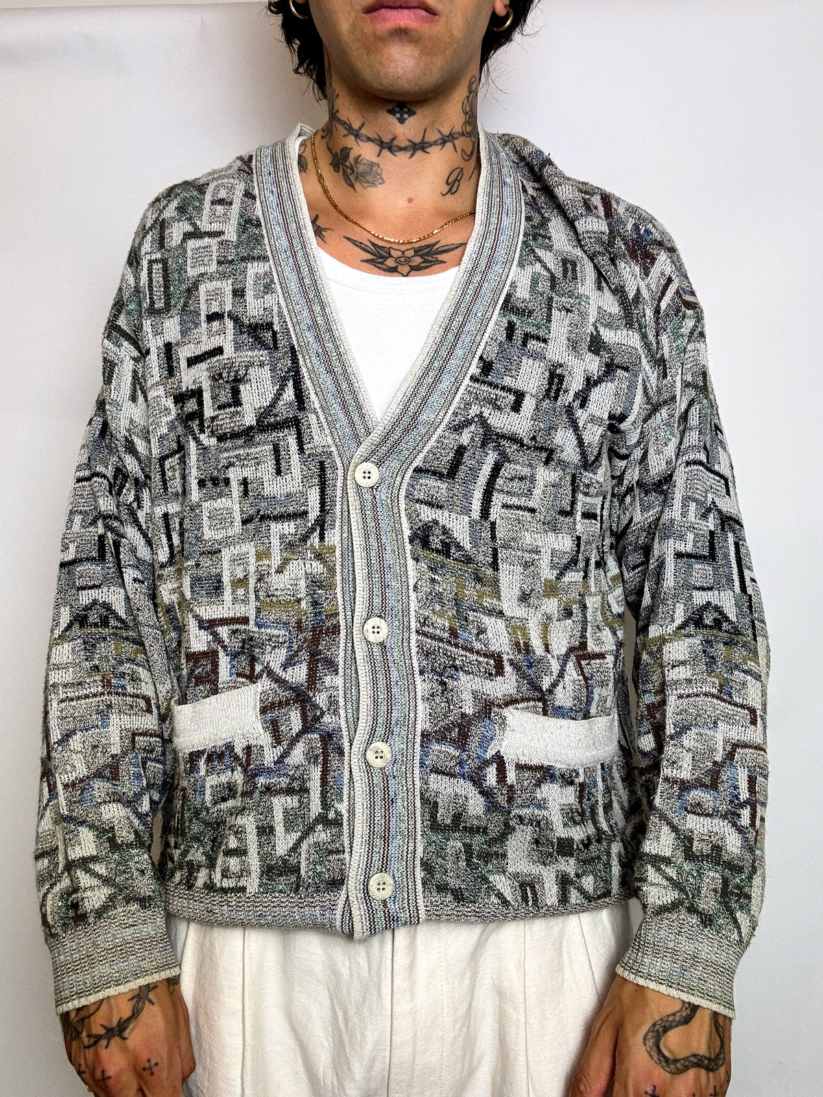 Vintage-Strickjacke mit Grafikmuster, Größe L/XL