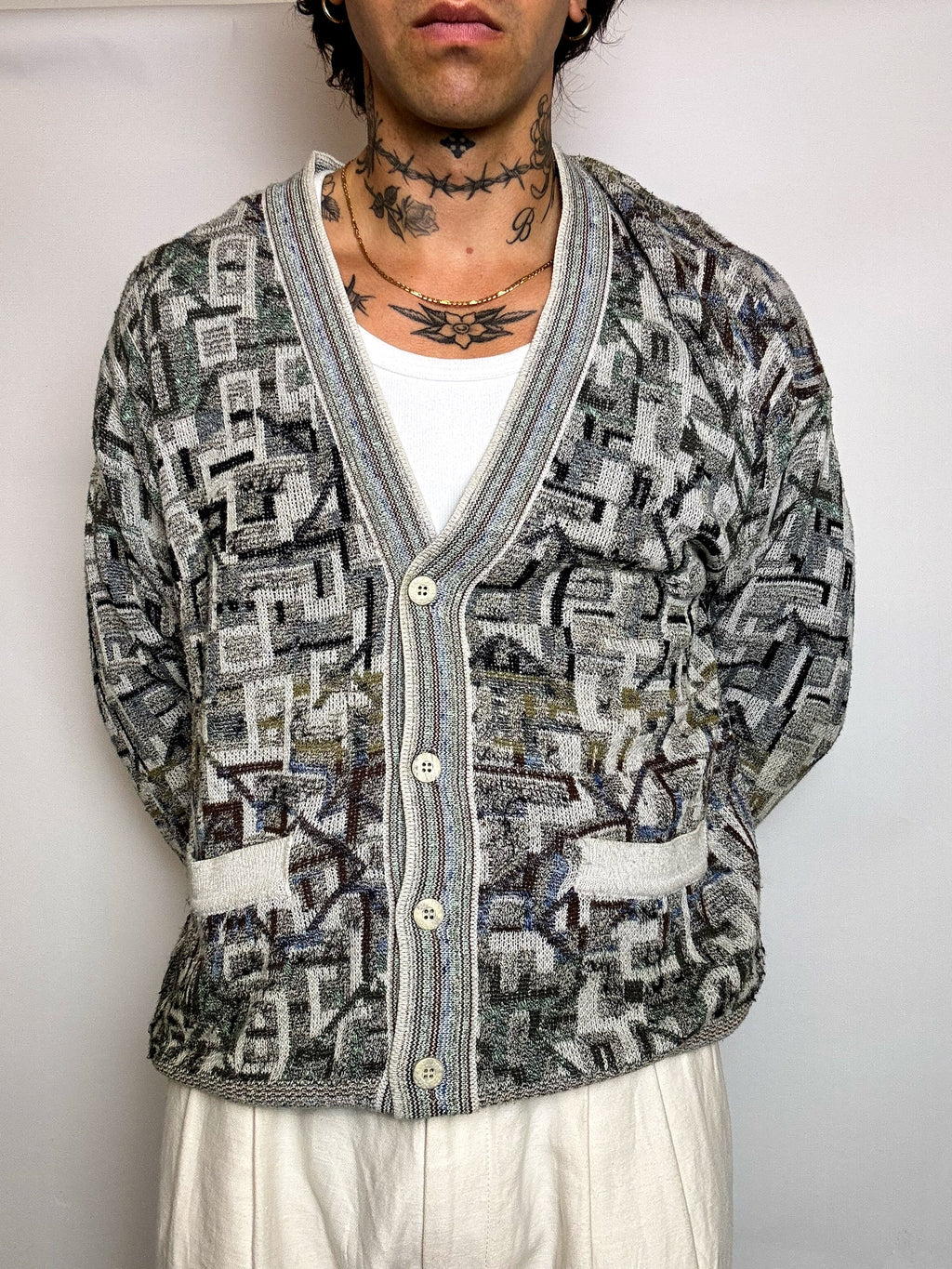 Vintage-Strickjacke mit Grafikmuster, Größe L/XL