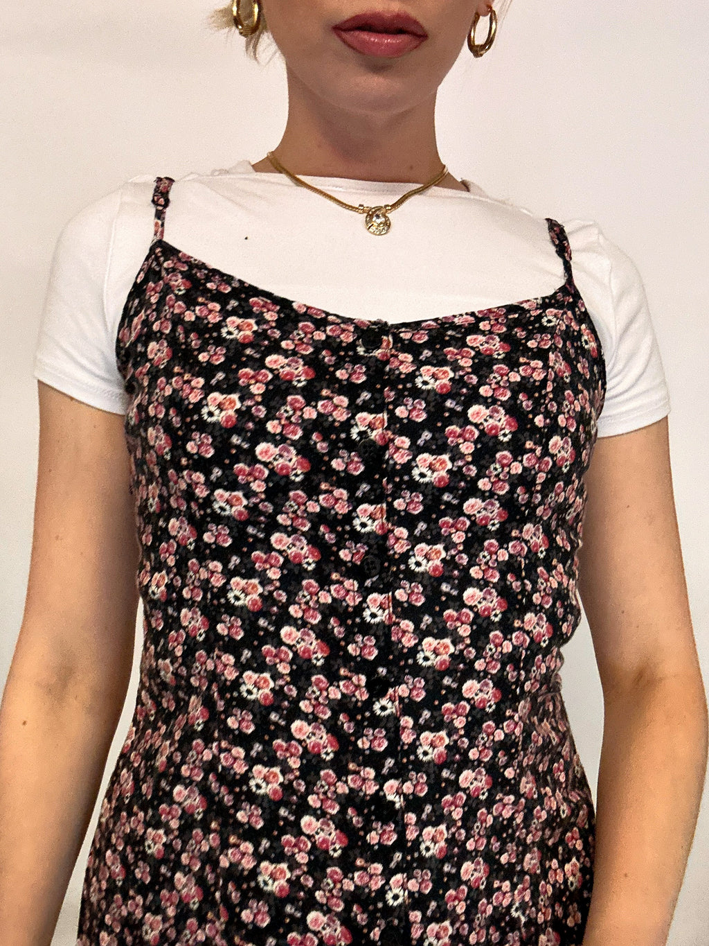 Robe à fleurs noire et rose S/M vintage