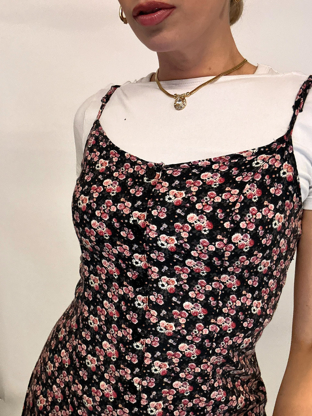 Robe à fleurs noire et rose S/M vintage