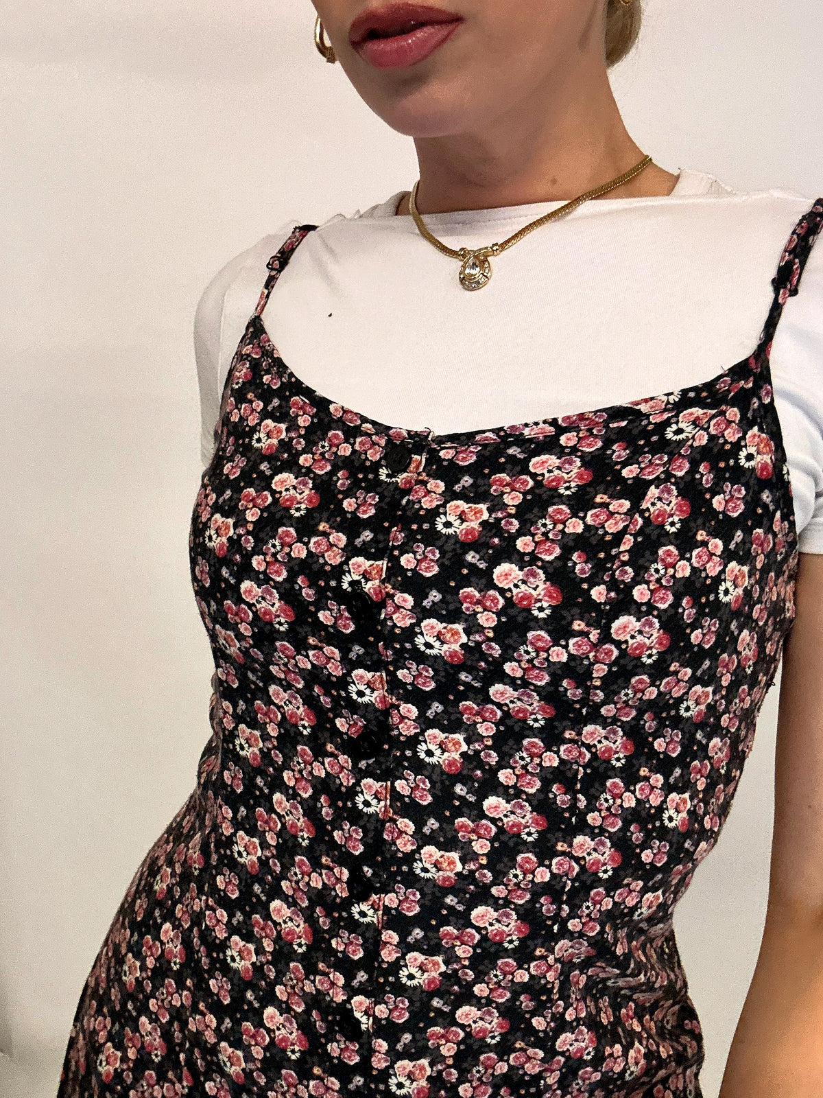 Robe à fleurs noire et rose S/M vintage