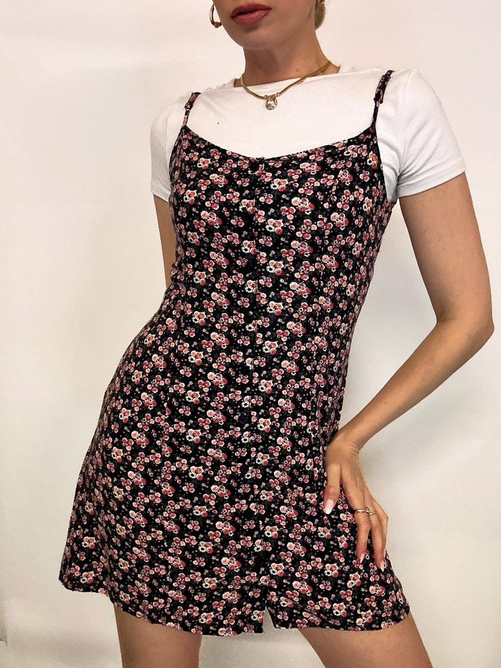 Robe à fleurs noire et rose S/M vintage
