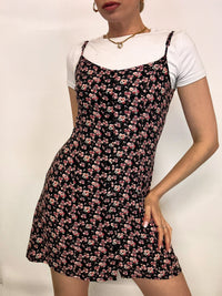 Robe à fleurs noire et rose S/M vintage