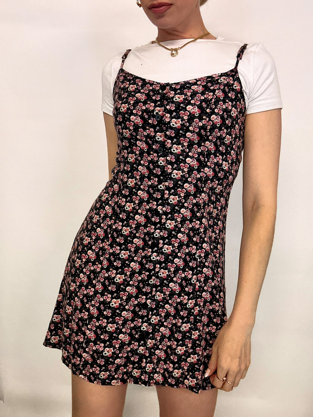 Robe à fleurs noire et rose S/M vintage