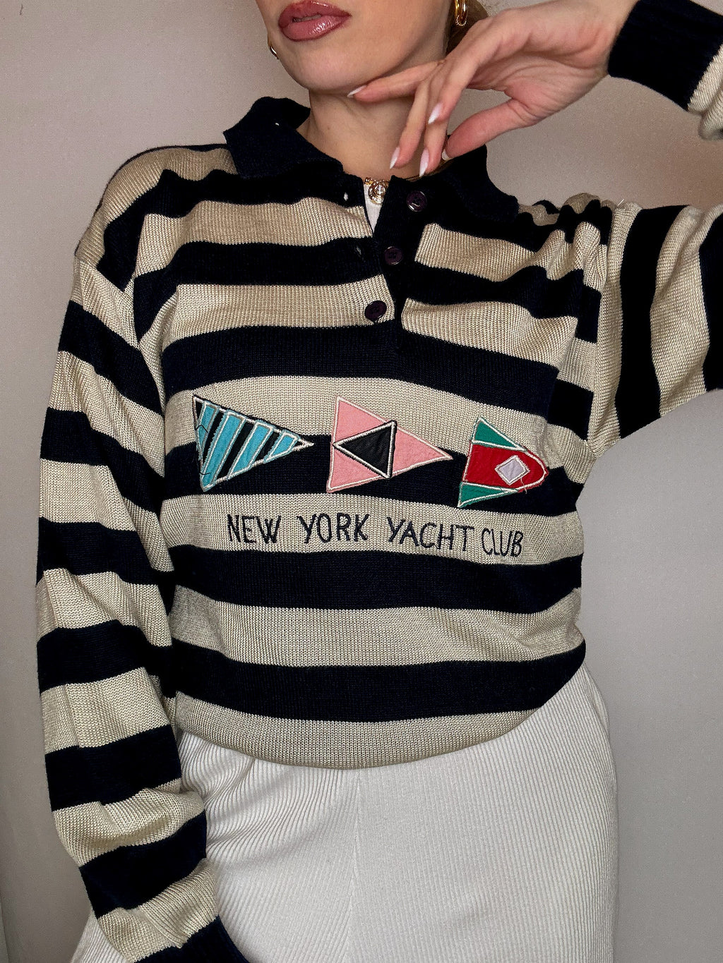 Vintage Patterned Knit Crew Neck Sweater M/L