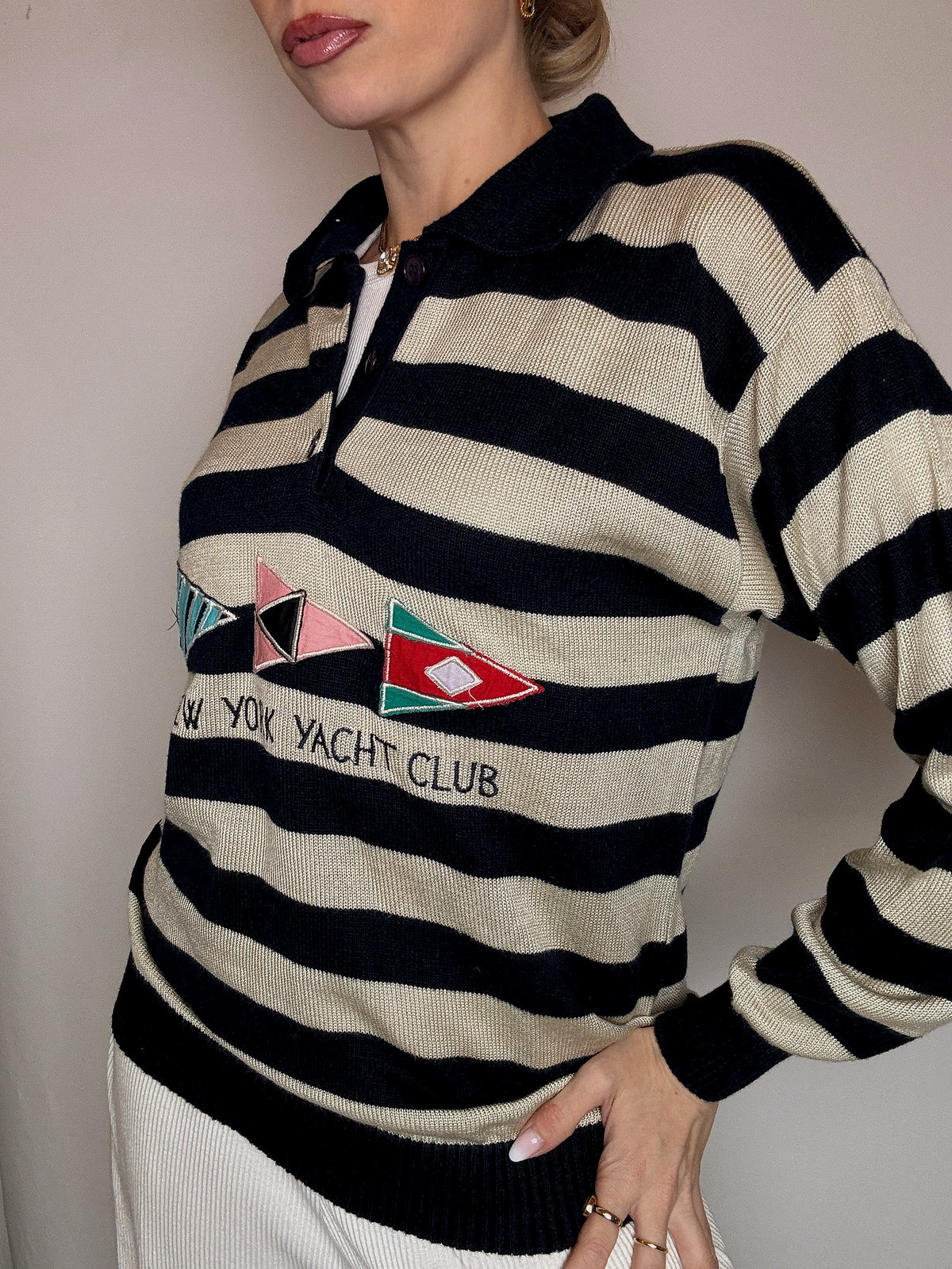 Vintage Patterned Knit Crew Neck Sweater M/L