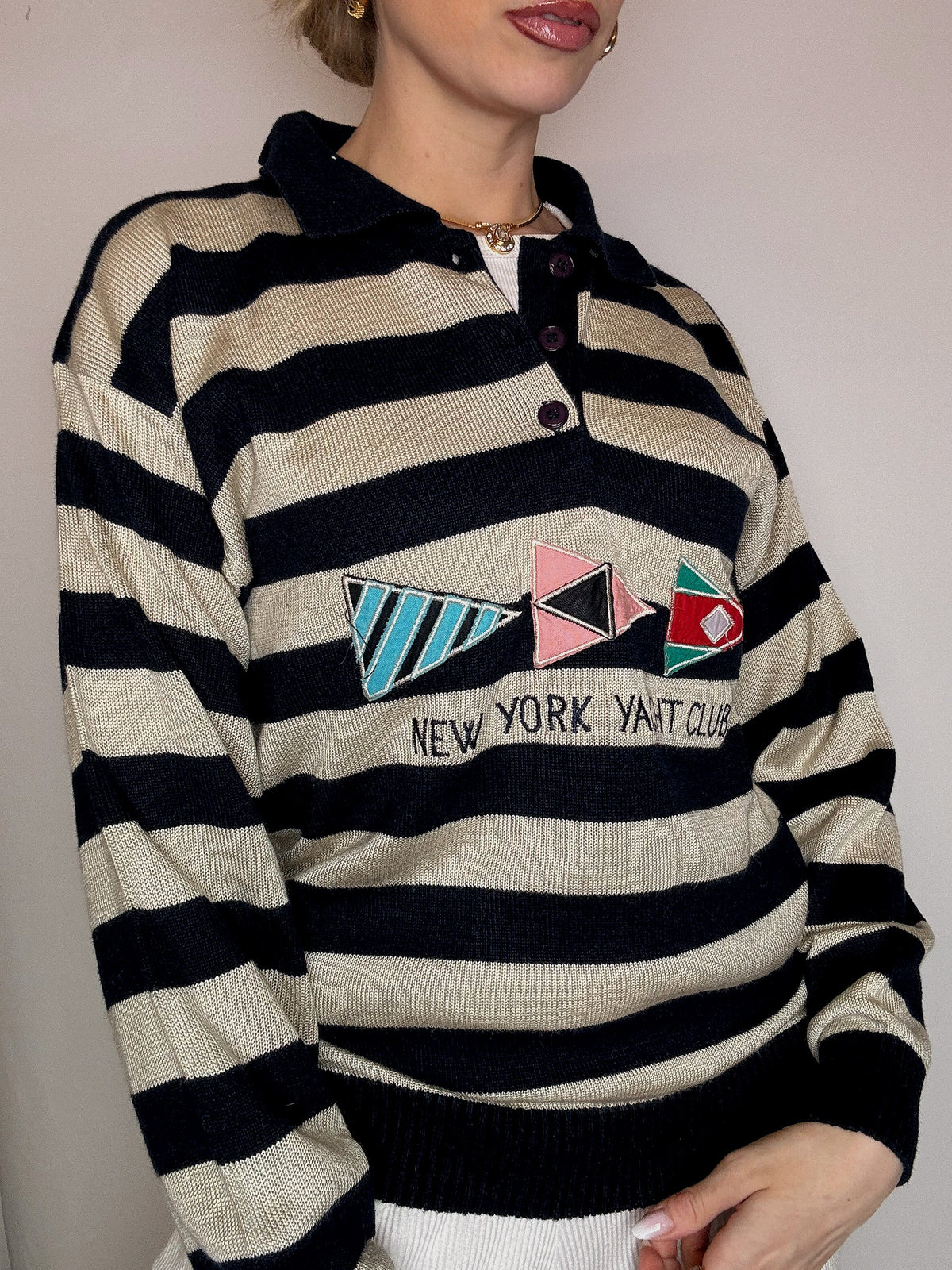 Vintage Patterned Knit Crew Neck Sweater M/L