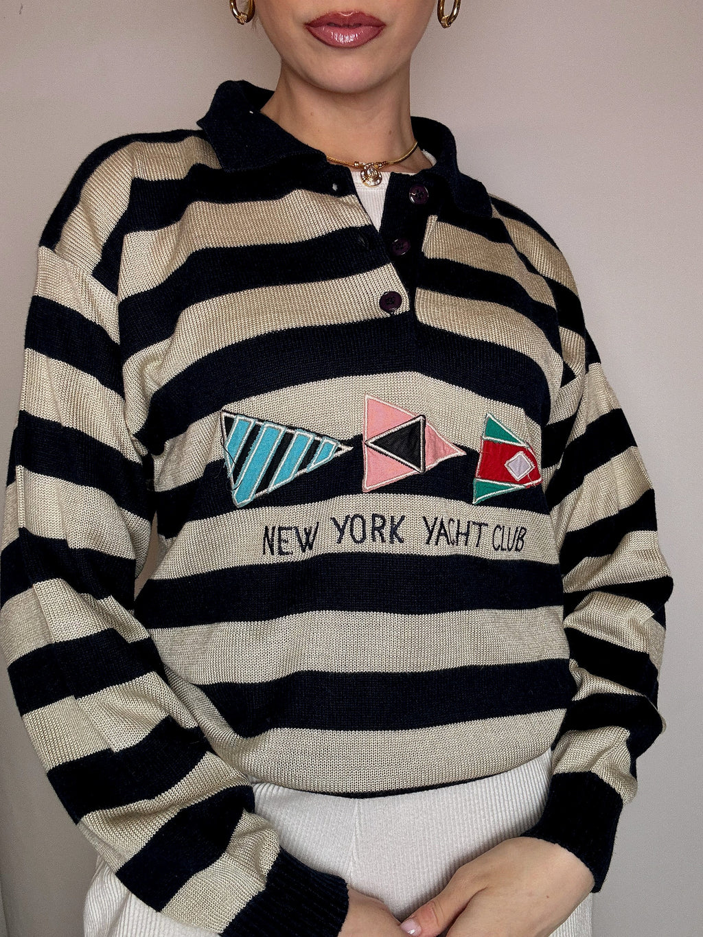 Vintage Patterned Knit Crew Neck Sweater M/L