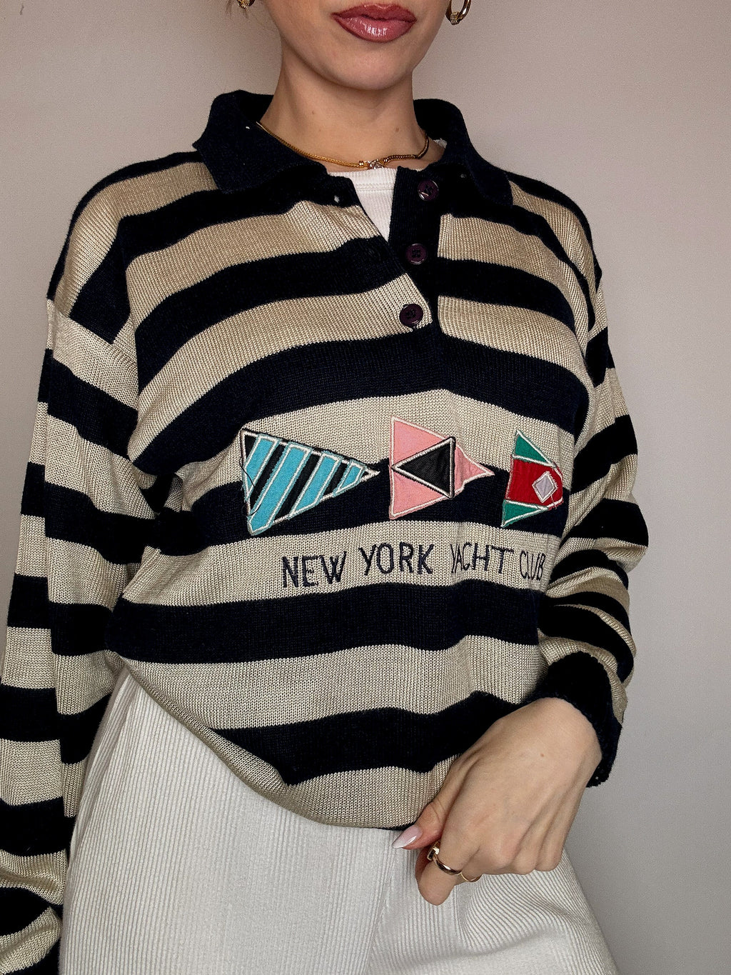 Vintage Patterned Knit Crew Neck Sweater M/L