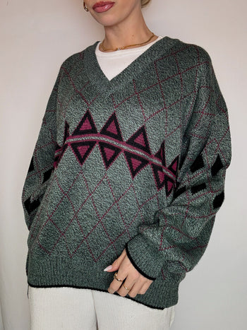 Vintage navy argyl knit sweater L