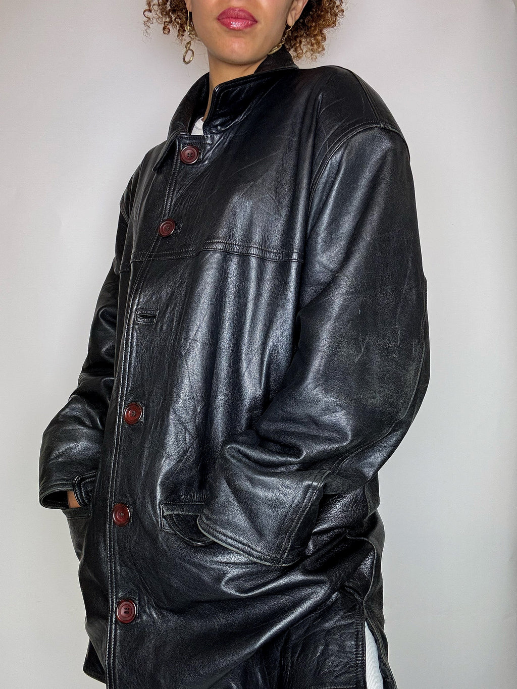 Long black straight vintage leather jacket L