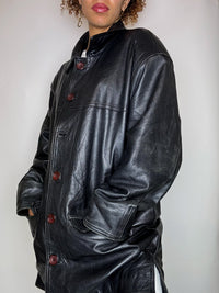 Long black straight vintage leather jacket L