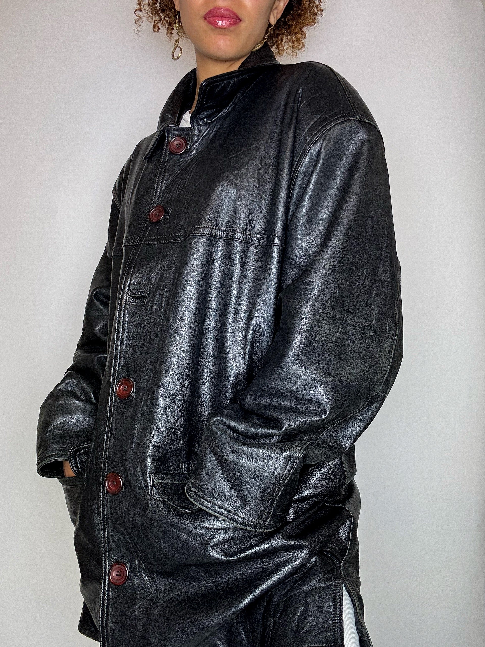Long black straight vintage leather jacket L