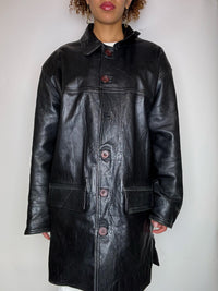 Long black straight vintage leather jacket L
