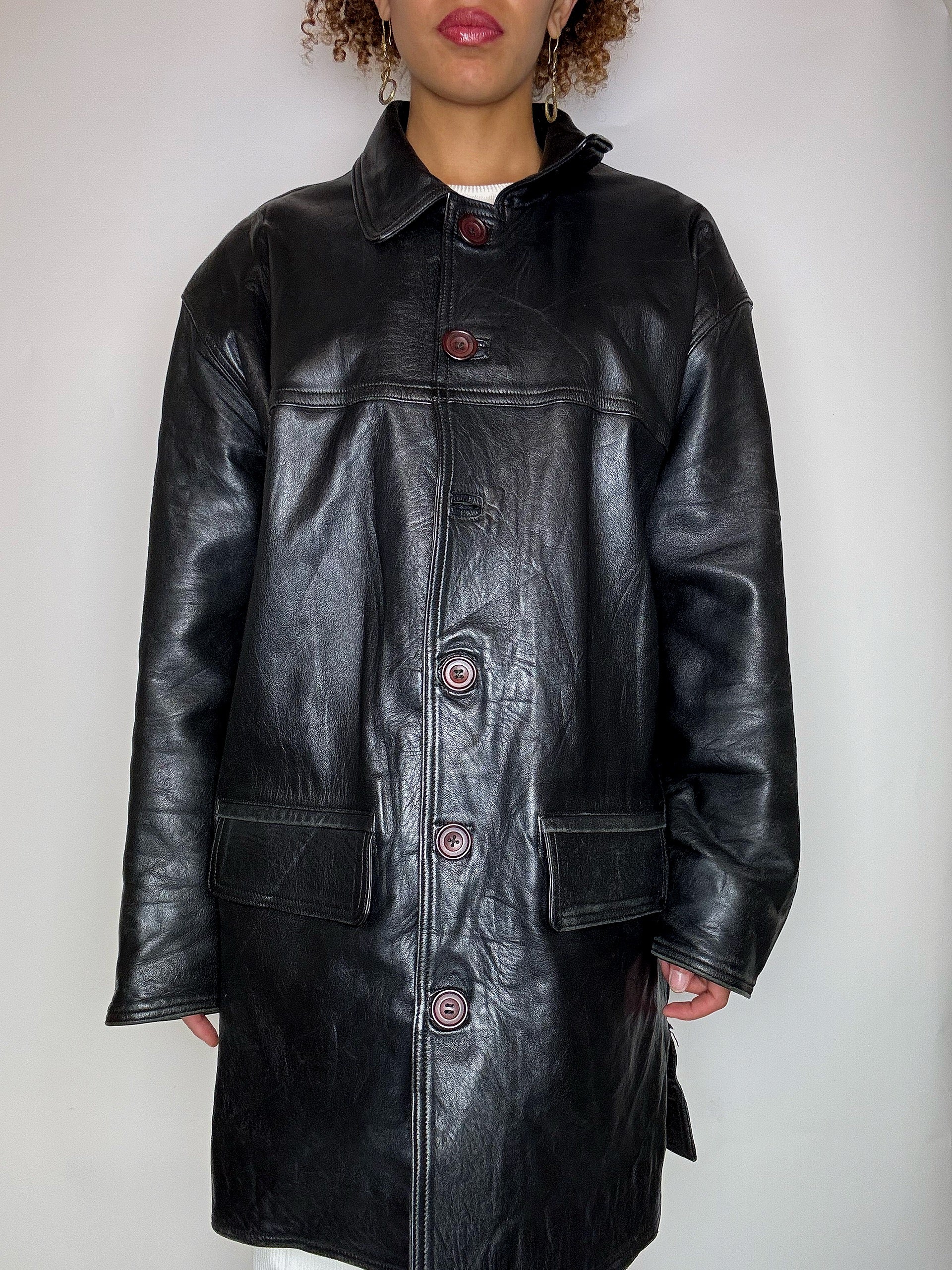 Long black straight vintage leather jacket L