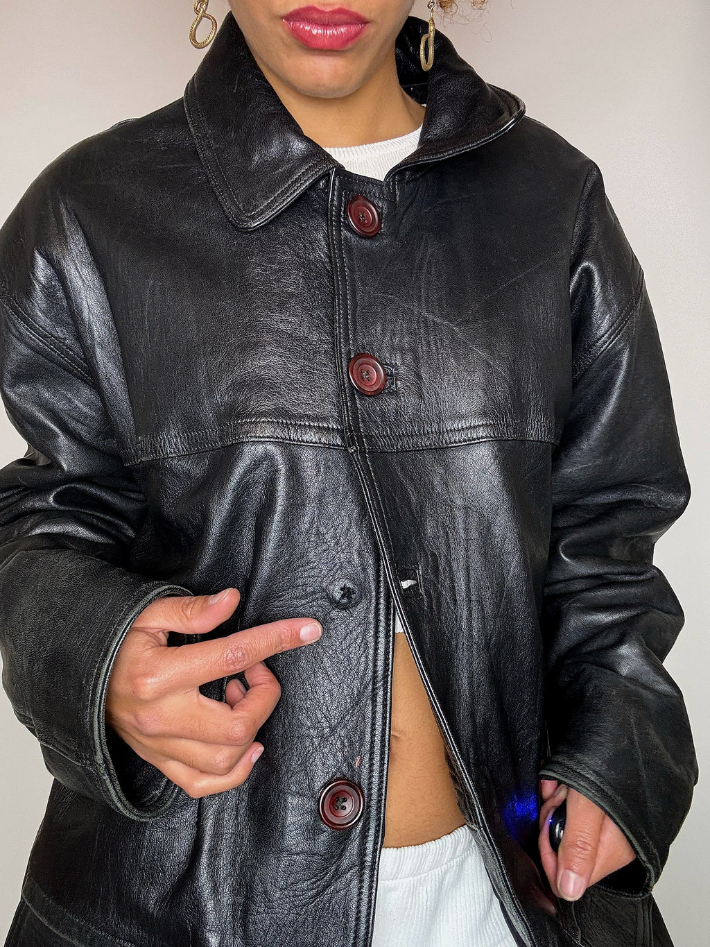 Long black straight vintage leather jacket L