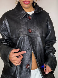 Long black straight vintage leather jacket L