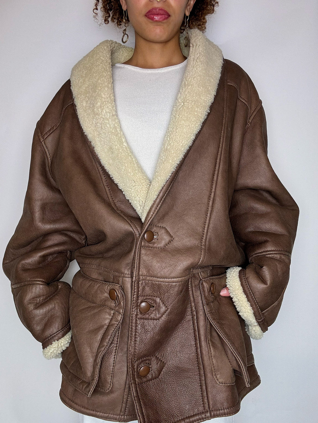 Manteau en peau de mouton retournée brun L vintage