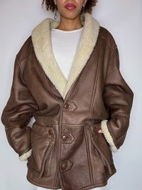 Manteau en peau de mouton retournée brun L vintage