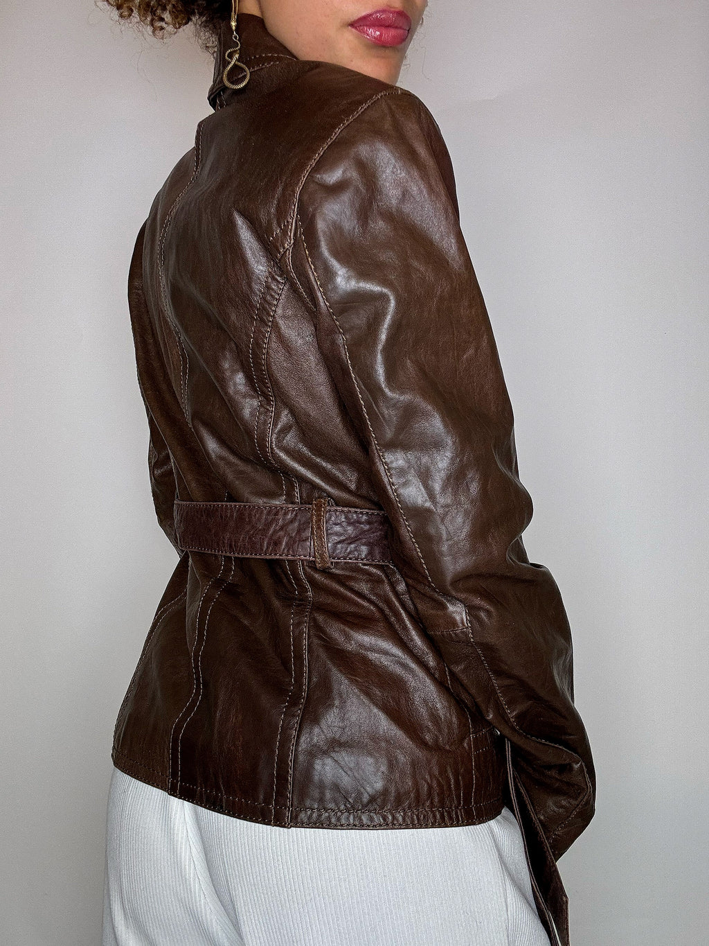 Vintage brown belted leather jacket M
