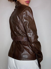 Vintage brown belted leather jacket M