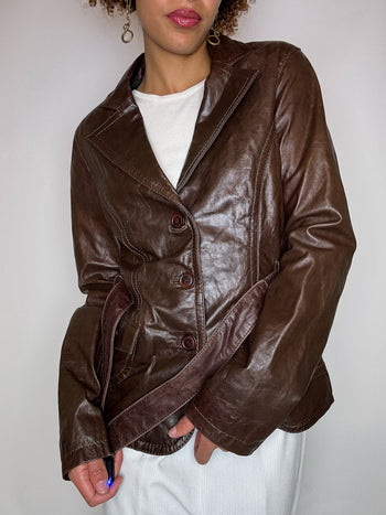 Veste en cuir ceinturée brune M vintage