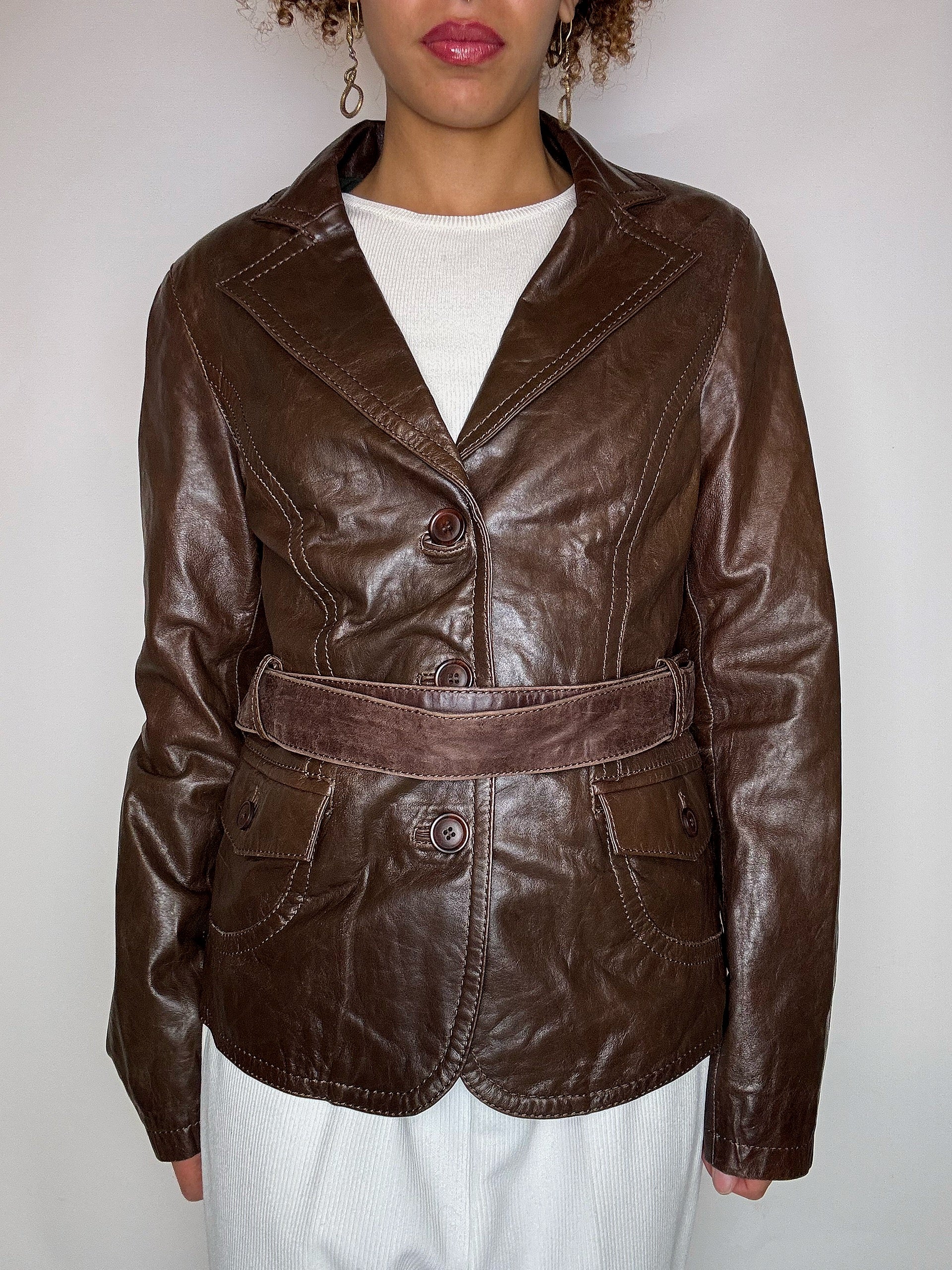 Vintage brown belted leather jacket M