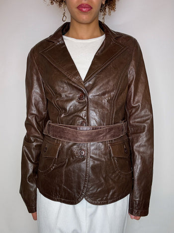 Veste en cuir ceinturée brune M vintage