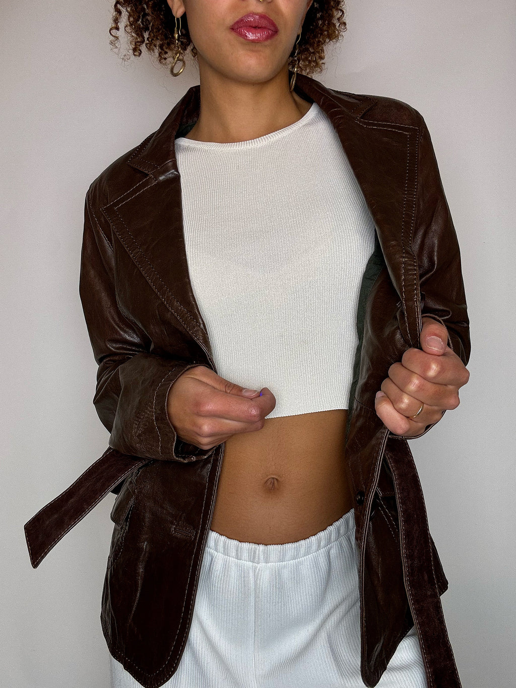 Vintage brown belted leather jacket M