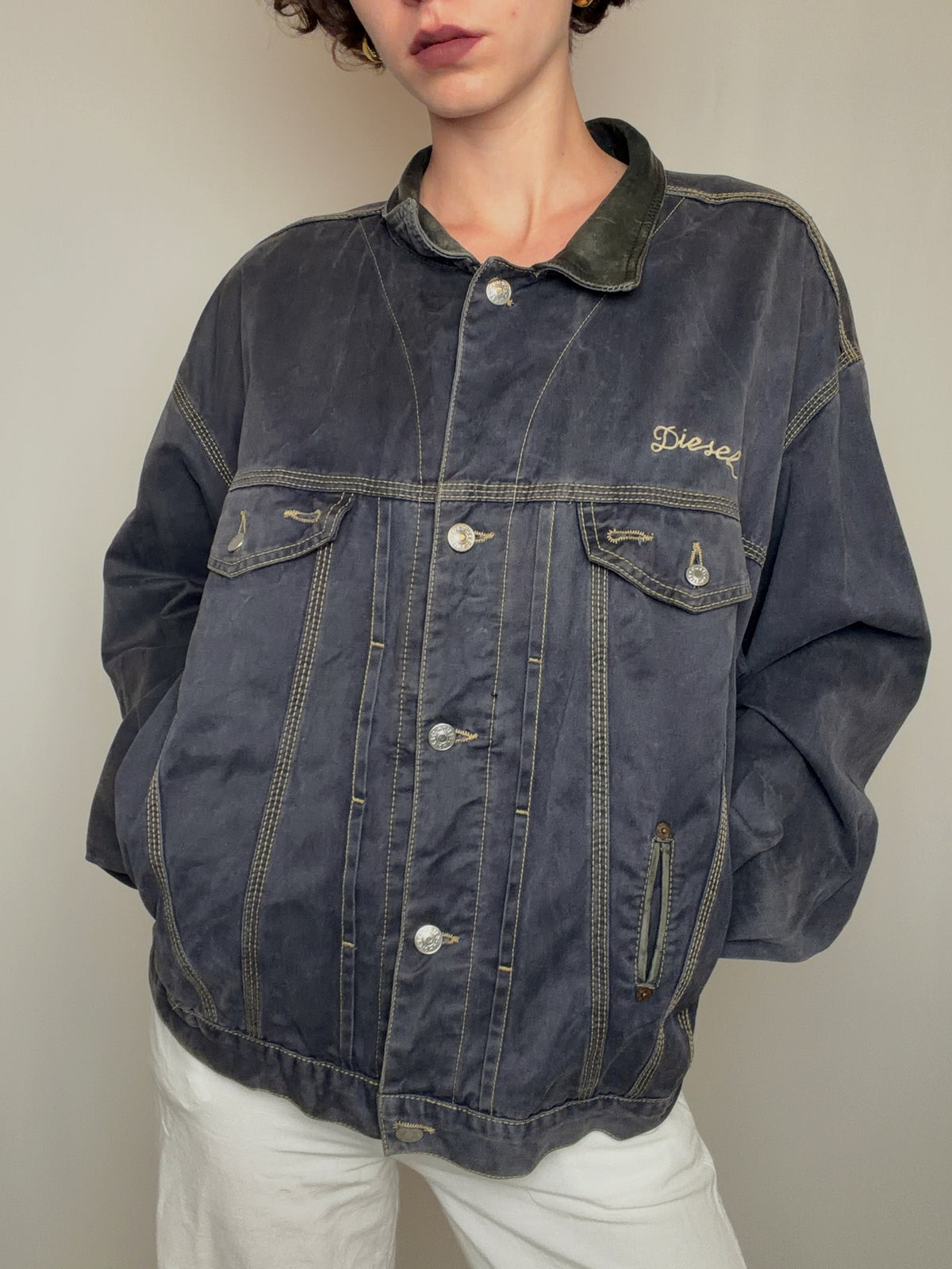 Veste en jean col en cuir Diesel XL vintage