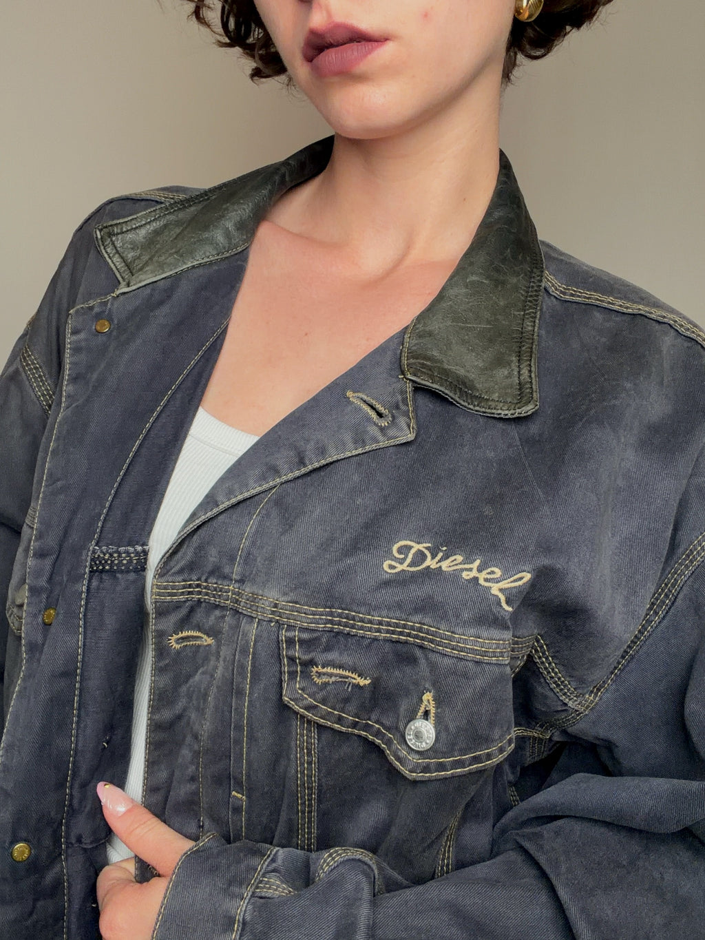Veste en jean col en cuir Diesel XL vintage