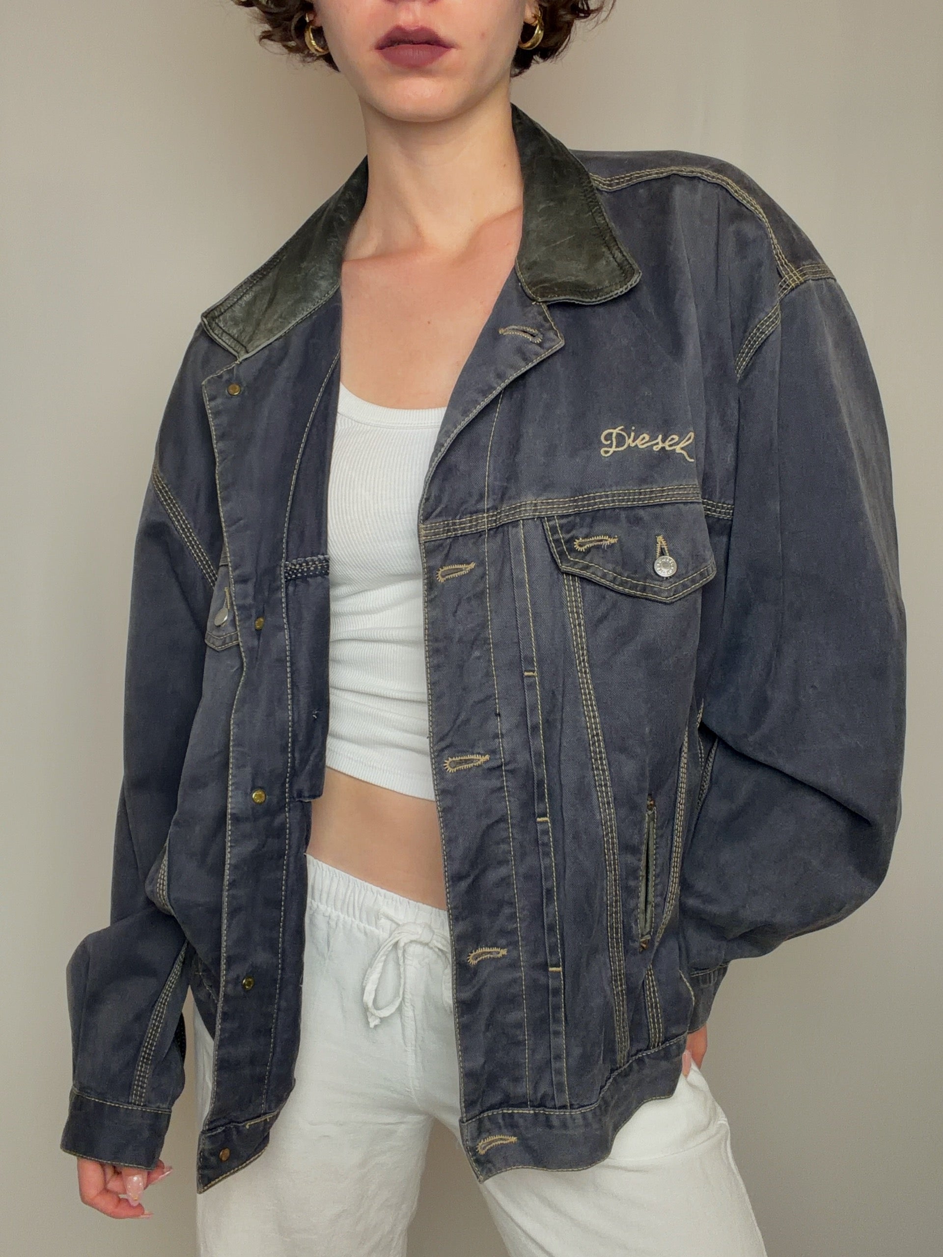 Veste en jean col en cuir Diesel XL vintage
