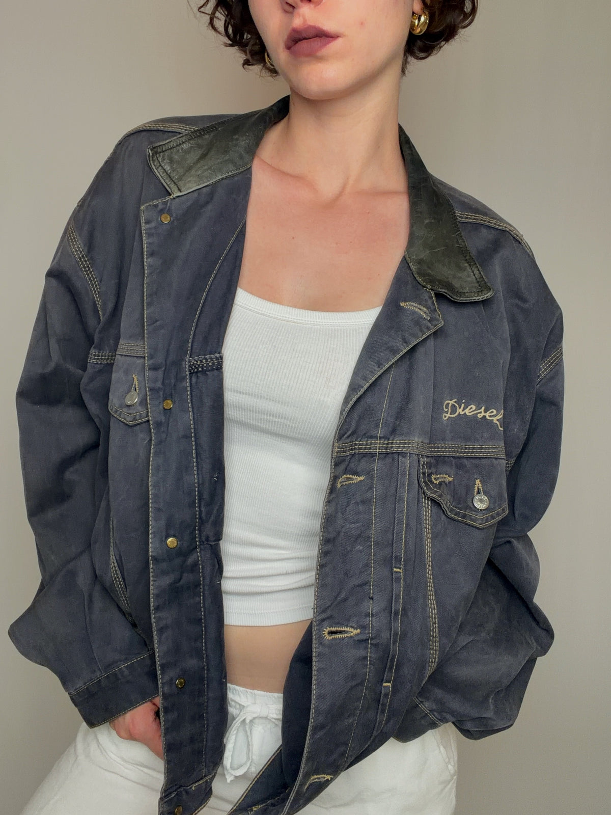 Veste en jean col en cuir Diesel XL vintage