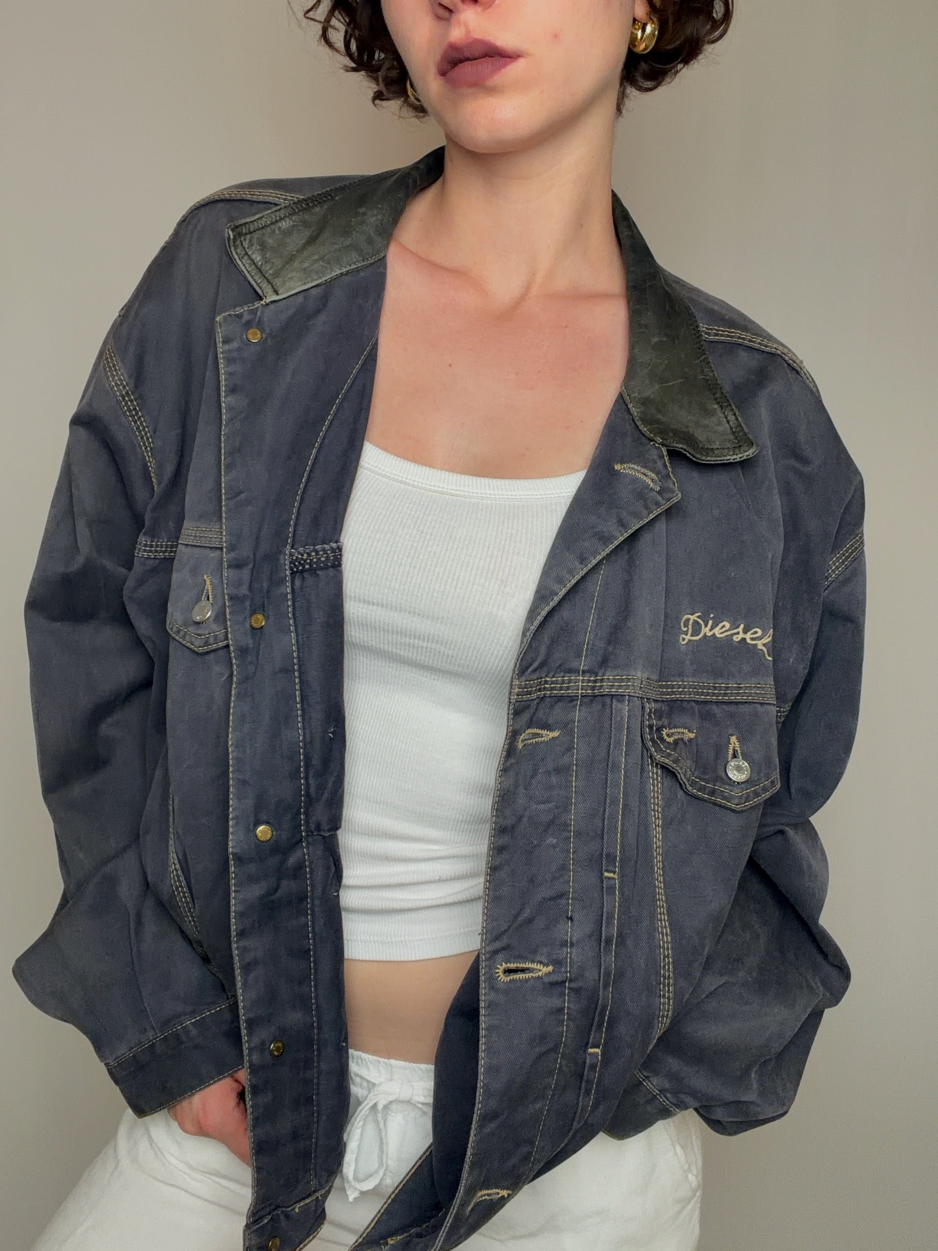 Veste en jean col en cuir Diesel XL vintage