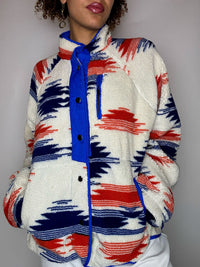 Polaire blanche bleu et rouge M/L vintage