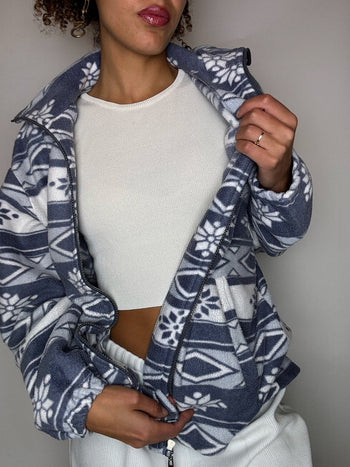 Polaire zippée graphique blanche et bleue M vintage