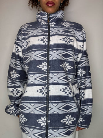 Polaire zippée graphique blanche et bleue M vintage