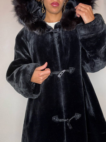 Fausse fourrure à capuche noire L vintage