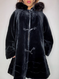 Vintage schwarze Kunstpelzjacke mit Kapuze, Größe L
