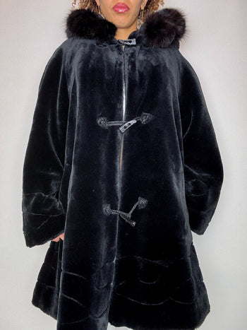 Fausse fourrure à capuche noire L vintage