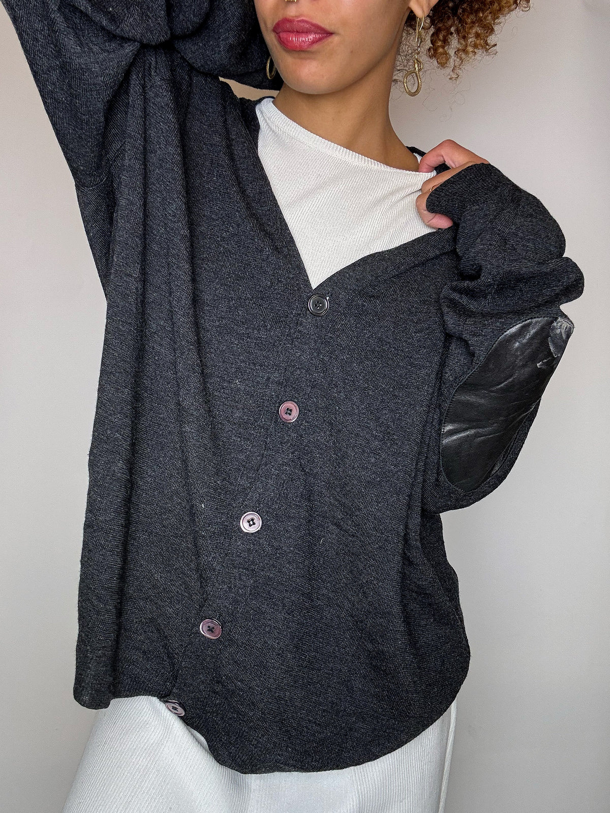 Cardigan en laine avec coudières gris foncé RALPH LAUREN L vintage