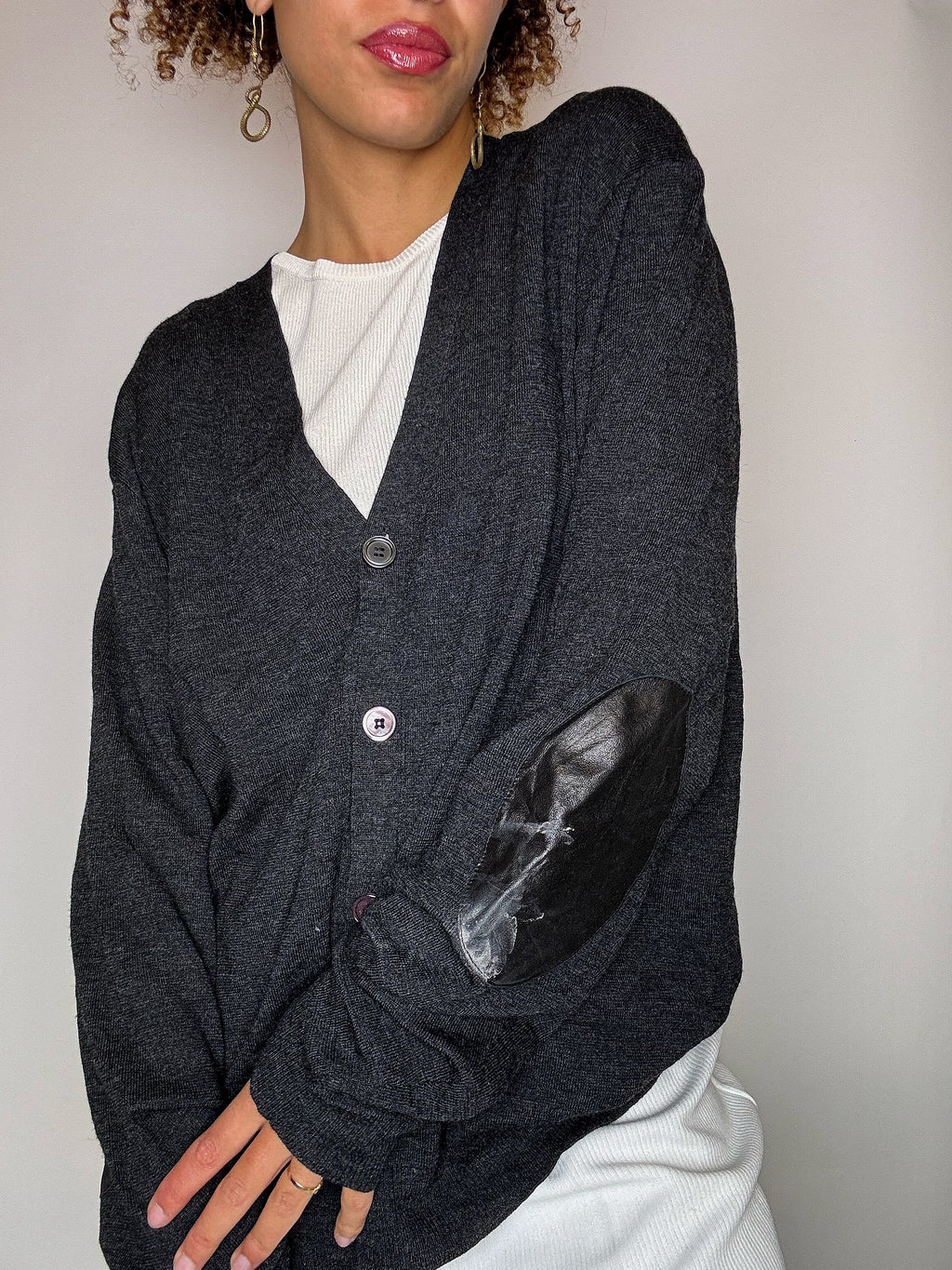 Cardigan en laine avec coudières gris foncé RALPH LAUREN L vintage