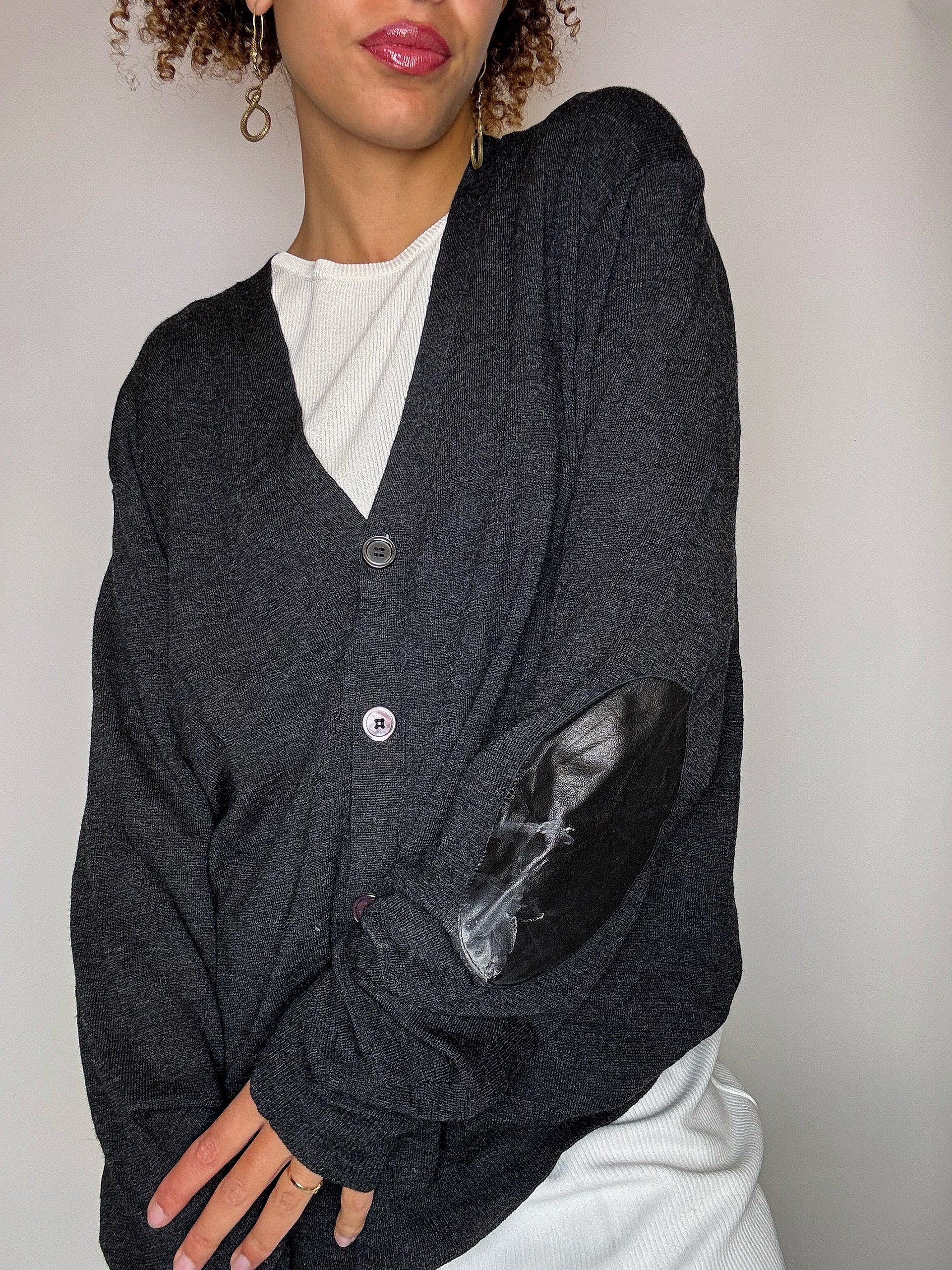 Cardigan en laine avec coudières gris foncé RALPH LAUREN L vintage