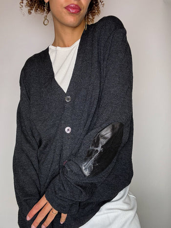 Cardigan en laine avec coudières gris foncé RALPH LAUREN L vintage