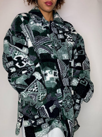 Manteau en polaire graphique vert L vintage
