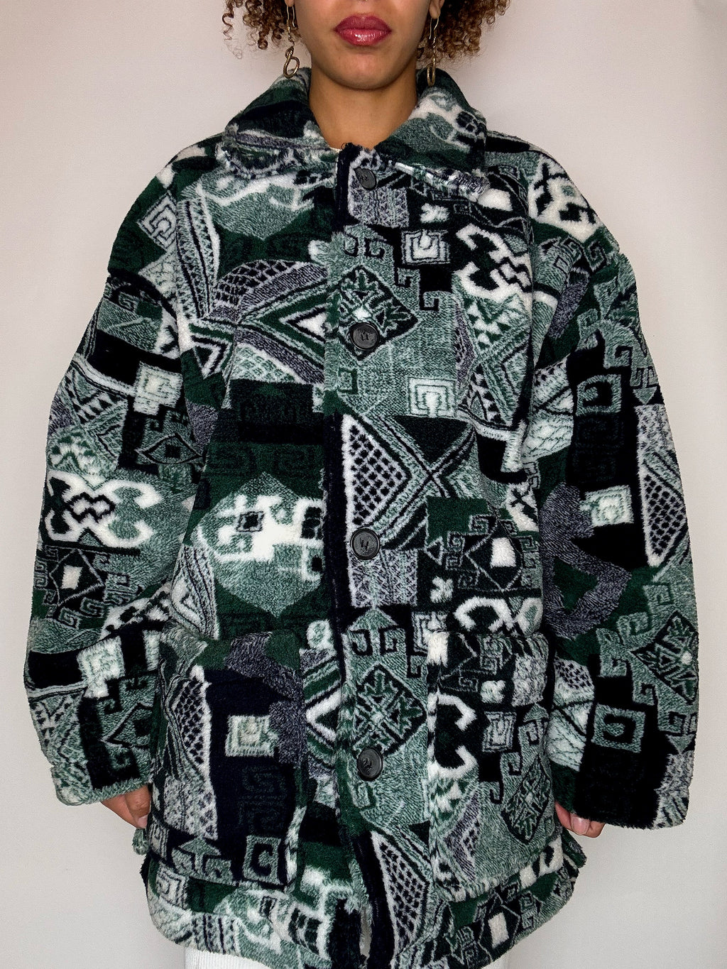 Manteau en polaire graphique vert L vintage